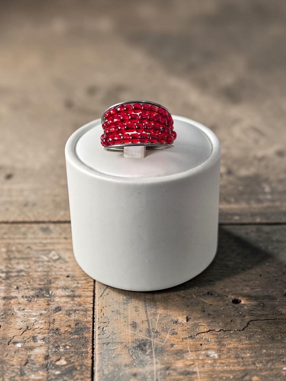 Vintage Silver Metal Wire Ring With Red Beads 7.5
